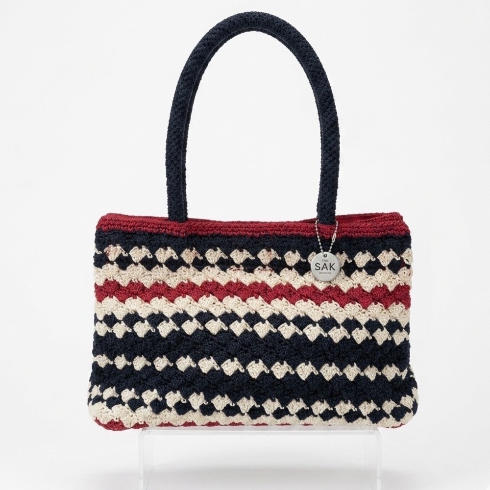 The Sak Red White Blue Striped Cali Crochet Knit Shoulder Bag Tote Purse America